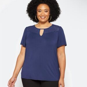 Papermoon Navy Studded Keyhole Short Sleeve Blouse